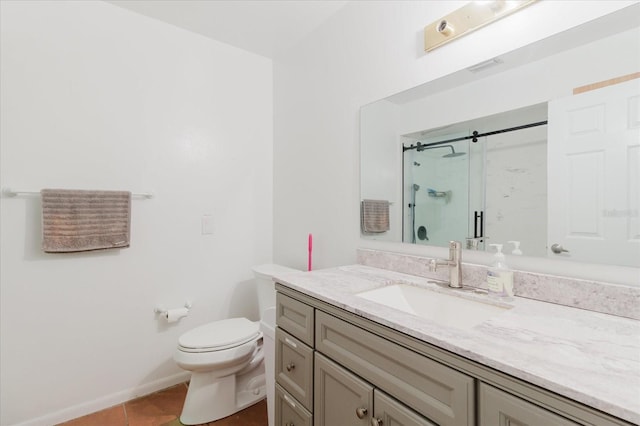1010 Oakhill St, Seffner, FL 33584 - bathroom featuring a stall shower, tile patterned floors, toilet, vanity, and baseboards
