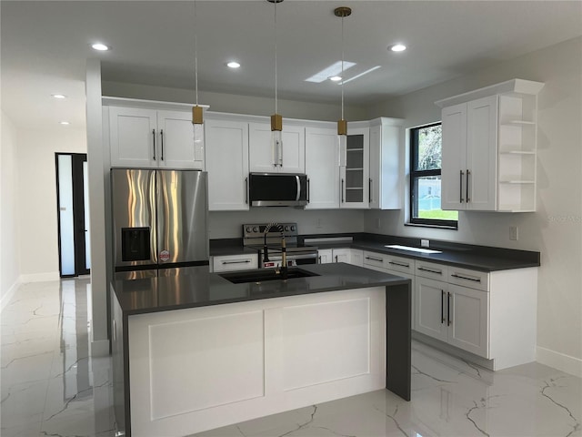 4241 E Palifox St, Tampa, FL 33610 - kitchen with stainless steel appliances, dark countertops, light marble finish floors, recessed lighting, and white cabinetry
