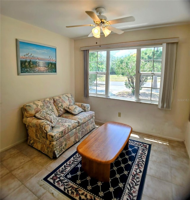 1262 Jeffords St, Clearwater, FL 33756 - living area featuring a ceiling fan, tile patterned floors, and baseboards