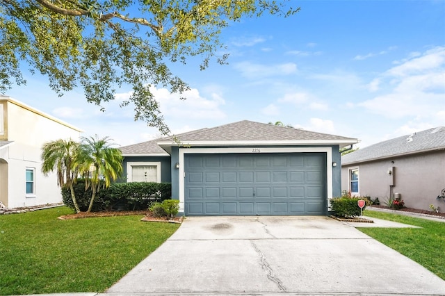 2216 Heathwood Cir, Orlando, FL 32828 - single story home featuring a garage, driveway, a front lawn, stucco siding, and roof with shingles