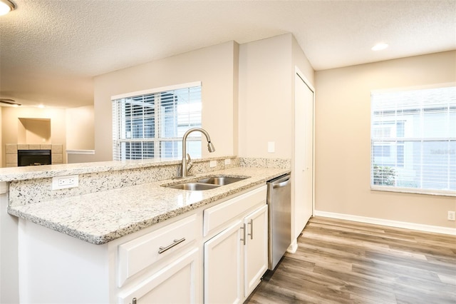 2216 Heathwood Cir, Orlando, FL 32828 - kitchen featuring a sink, stainless steel dishwasher, light wood-type flooring, light stone counters, and a tiled fireplace