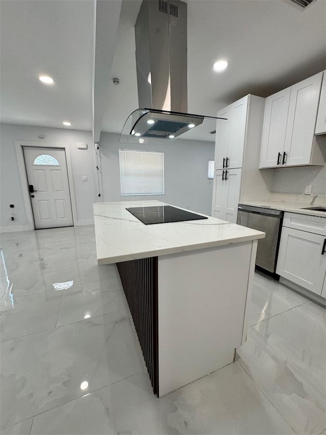1778 New Hampshire Ave NE, Saint Petersburg, FL 33703 - kitchen featuring island exhaust hood, stainless steel dishwasher, black electric stovetop, light marble finish flooring, and a center island