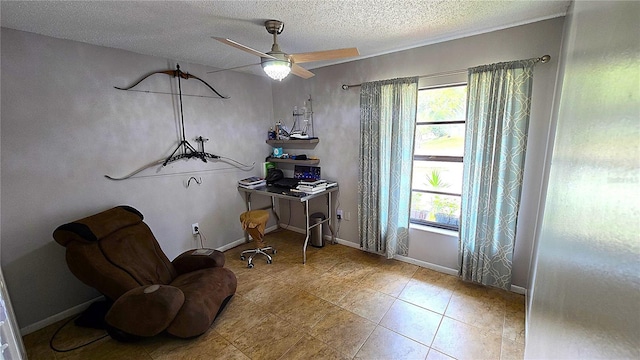 3907 Orchard Hill Cir, Palm Harbor, FL 34684 - sitting room featuring plenty of natural light, a textured ceiling, an office area, a ceiling fan, and tile patterned flooring