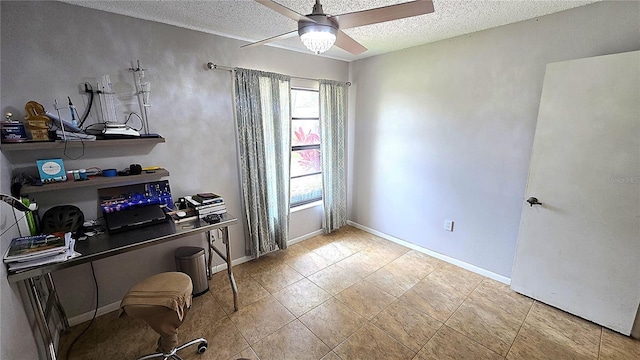 3907 Orchard Hill Cir, Palm Harbor, FL 34684 - home office featuring a textured ceiling, ceiling fan, and baseboards