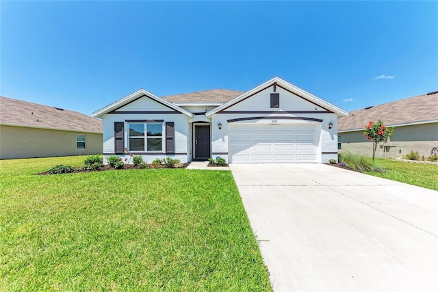10732 Chippewa Dr, Parrish, FL 34219 - ranch-style home featuring an attached garage, concrete driveway, a front lawn, and stucco siding