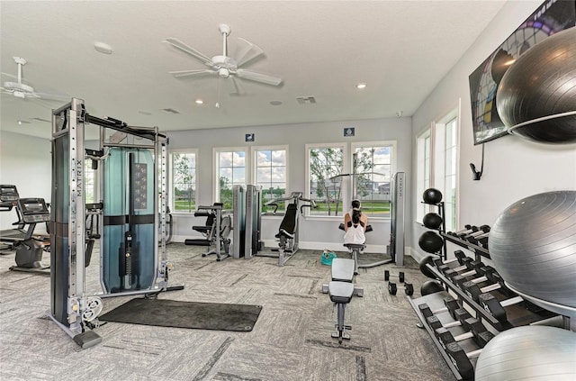 10732 Chippewa Dr, Parrish, FL 34219 - gym featuring carpet, a ceiling fan, baseboards, and recessed lighting