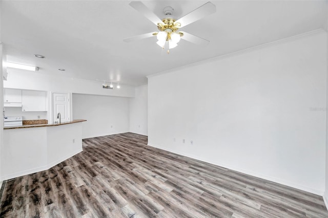 9602 Lake Chase Island Way Unit 9602, Tampa, FL 33626 - unfurnished living room with wood finished floors, ceiling fan, a sink, crown molding, and baseboards