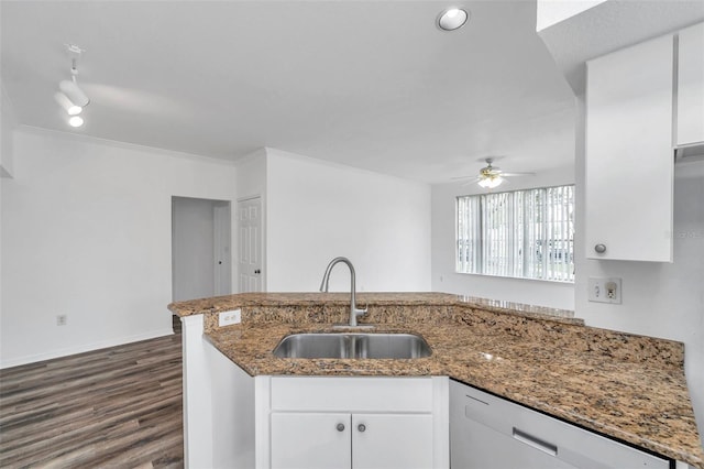 9602 Lake Chase Island Way Unit 9602, Tampa, FL 33626 - kitchen featuring a sink, dishwasher, a ceiling fan, dark wood-style flooring, and white cabinetry