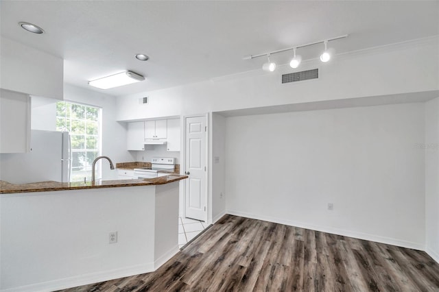9602 Lake Chase Island Way Unit 9602, Tampa, FL 33626 - kitchen with white appliances, white cabinets, wood finished floors, under cabinet range hood, and a peninsula