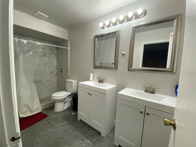 12912 Leadwood Dr, Riverview, FL 33579 - bathroom featuring two vanities, curtained shower, and toilet