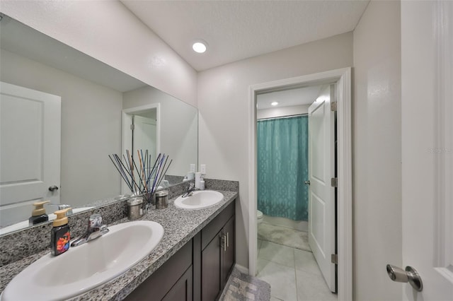 10210 White Linen Ave, Riverview, FL 33578 - bathroom featuring toilet, double vanity, tile patterned flooring, a shower with shower curtain, and recessed lighting