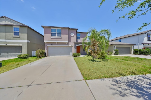 10210 White Linen Ave, Riverview, FL 33578 - traditional-style house with stucco siding, a front yard, driveway, and a garage