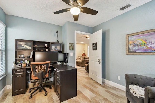 160 Sage Cir, Crystal Beach, FL 34681 - office area with ceiling fan, light wood-type flooring, a textured ceiling, and baseboards