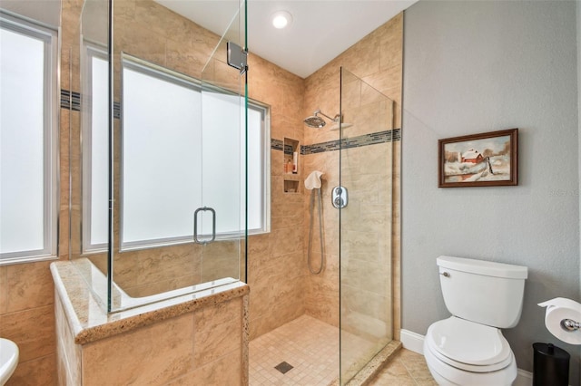 160 Sage Cir, Crystal Beach, FL 34681 - full bathroom with a shower stall, toilet, and plenty of natural light
