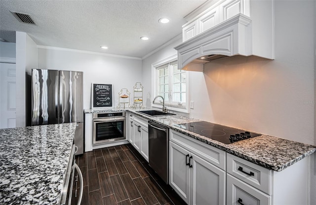 1402 Oleander Dr, Tarpon Springs, FL 34689 - kitchen with stainless steel appliances, a sink, dark stone countertops, ornamental molding, and recessed lighting