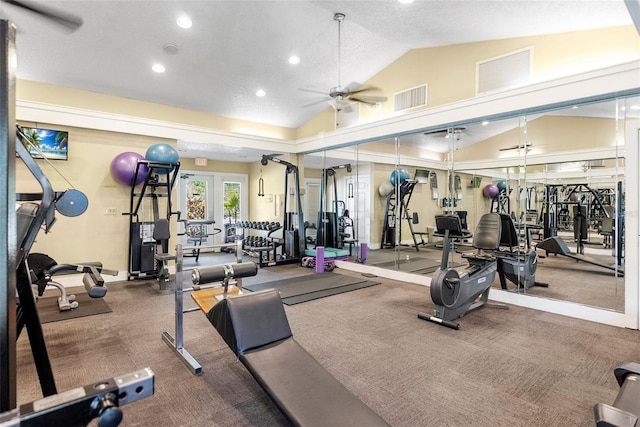 11901 4th St N Unit 8207, Saint Petersburg, FL 33716 - workout area featuring ceiling fan, vaulted ceiling, carpet flooring, recessed lighting, and baseboards