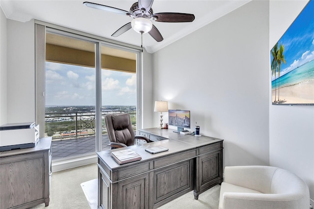 140 Riviera Dunes Way Unit 1203, Palmetto, FL 34221 - office area featuring light carpet, ceiling fan, and ornamental molding