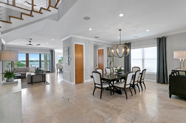 443 18th Ave, Indian Rocks Beach, FL 33785 - dining area featuring crown molding, baseboards, recessed lighting, a chandelier, and a ceiling fan