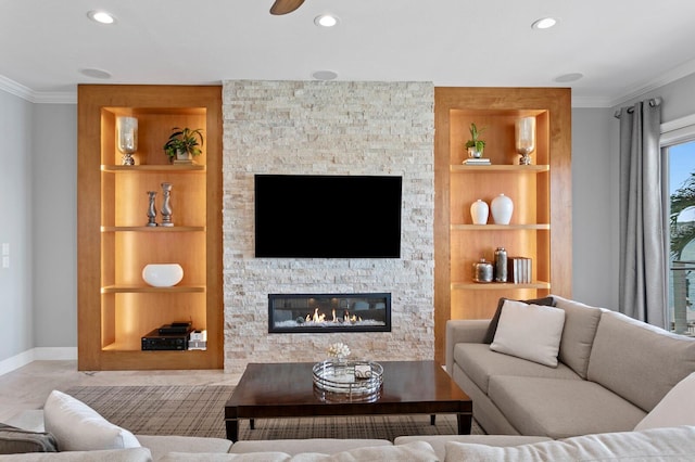 443 18th Ave, Indian Rocks Beach, FL 33785 - living area featuring built in features, baseboards, crown molding, a fireplace, and recessed lighting