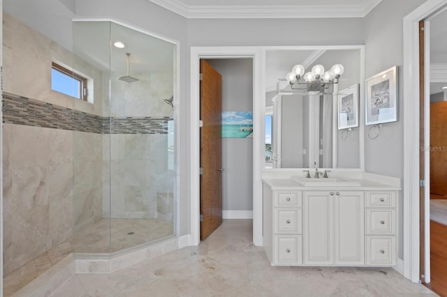 443 18th Ave, Indian Rocks Beach, FL 33785 - bathroom featuring tiled shower, a chandelier, vanity, ornamental molding, and marble finish floors