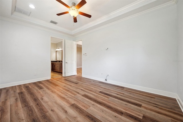 5117 Longspur Ct, Lithia, FL 33547 - empty room with ceiling fan, baseboards, light wood-style flooring, and ornamental molding