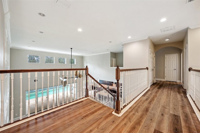 5117 Longspur Ct, Lithia, FL 33547 - hall featuring an upstairs landing, ornamental molding, recessed lighting, hardwood / wood-style flooring, and baseboards