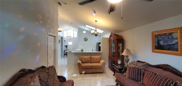 8207 Volusia Pl, Tampa, FL 33637 - living room with vaulted ceiling, a ceiling fan, light marble finish floors, and a chandelier