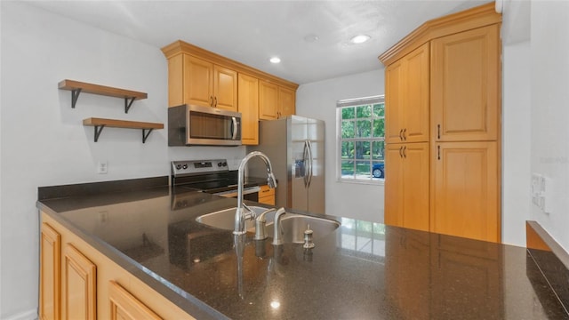 9050 Lake Place Ln, Tampa, FL 33634 - kitchen with stainless steel appliances, recessed lighting, open shelves, a peninsula, and dark stone counters