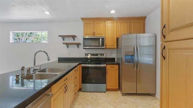 9050 Lake Place Ln, Tampa, FL 33634 - kitchen with stainless steel appliances, a sink, open shelves, dark countertops, and light tile patterned flooring