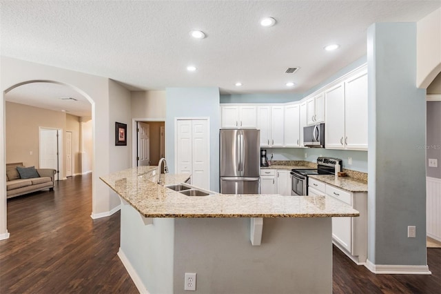5109 Hartwell Loop, Land O Lakes, FL 34638 - kitchen featuring appliances with stainless steel finishes, a sink, arched walkways, dark wood-style floors, and white cabinets