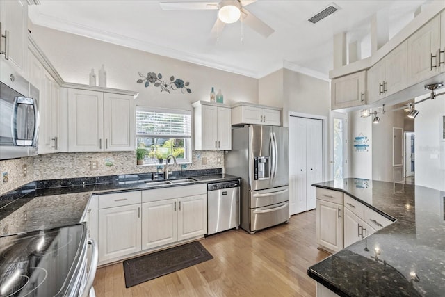 kitchen featuring appliances with stainless steel finishes, a sink, a ceiling fan, ornamental molding, and backsplash