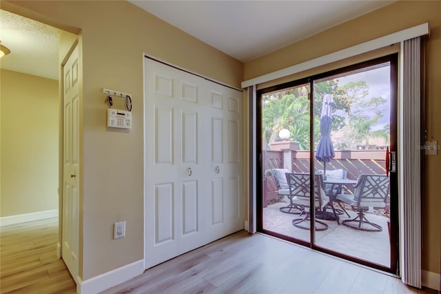 2913 Fig Ct, Palm Harbor, FL 34684 - bedroom featuring access to outside, light wood-style flooring, a closet, and baseboards