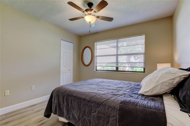 2913 Fig Ct, Palm Harbor, FL 34684 - bedroom with light wood finished floors, baseboards, a textured ceiling, and a ceiling fan