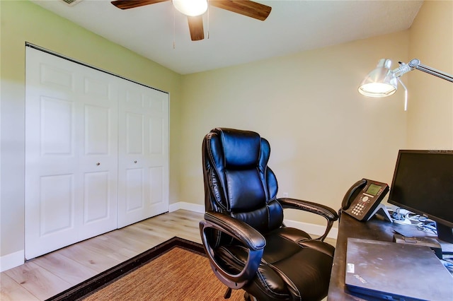 2913 Fig Ct, Palm Harbor, FL 34684 - home office with ceiling fan, wood finished floors, and baseboards