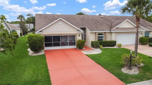 2015 W Del Webb Blvd, Sun City Center, FL 33573 - ranch-style house featuring driveway, roof with shingles, a front yard, and stucco siding