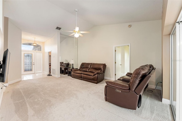 2015 W Del Webb Blvd, Sun City Center, FL 33573 - living room featuring lofted ceiling, carpet flooring, baseboards, and a ceiling fan