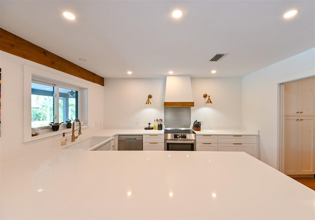 13916 Wellesford Way, Tampa, FL 33624 - kitchen featuring dishwasher, custom exhaust hood, a sink, recessed lighting, and electric range oven