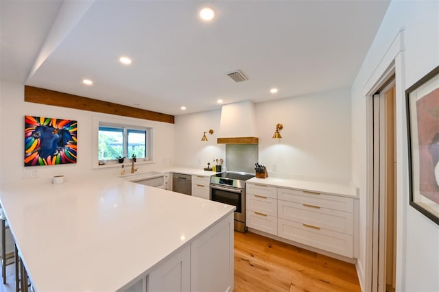 13916 Wellesford Way, Tampa, FL 33624 - kitchen featuring stainless steel appliances, premium range hood, a peninsula, light wood-style floors, and recessed lighting