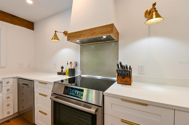 13916 Wellesford Way, Tampa, FL 33624 - kitchen featuring appliances with stainless steel finishes, light countertops, white cabinetry, beamed ceiling, and recessed lighting