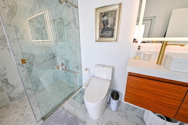 13916 Wellesford Way, Tampa, FL 33624 - full bathroom featuring marble look tiles, a marble finish shower, toilet, and vanity