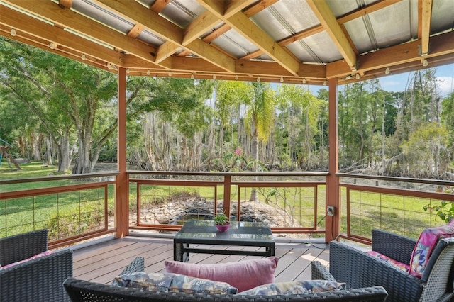 5817 Myrtle Ln, Tampa, FL 33625 - wooden deck featuring a yard, view of scattered trees, and outdoor dining space
