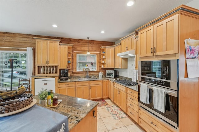 5817 Myrtle Ln, Tampa, FL 33625 - kitchen featuring appliances with stainless steel finishes, a sink, open shelves, light brown cabinetry, and under cabinet range hood