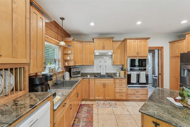 5817 Myrtle Ln, Tampa, FL 33625 - kitchen with appliances with stainless steel finishes, a sink, under cabinet range hood, open shelves, and recessed lighting