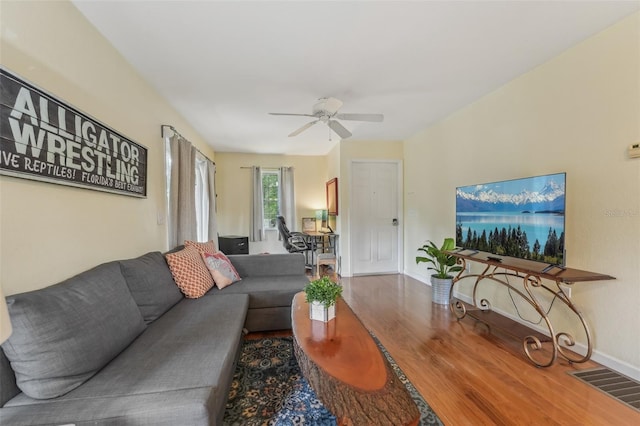 5817 Myrtle Ln, Tampa, FL 33625 - living room with wood finished floors, a ceiling fan, and baseboards