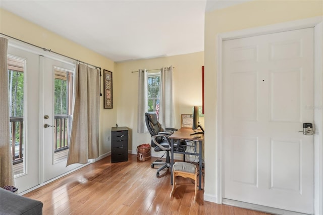 5817 Myrtle Ln, Tampa, FL 33625 - home office featuring wood-type flooring, french doors, and baseboards