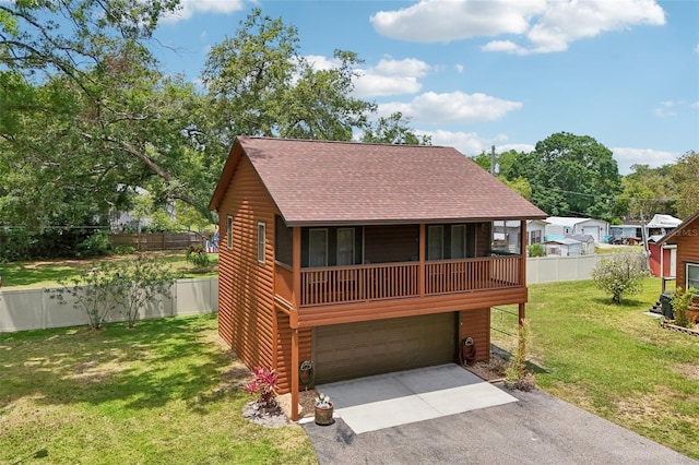 5817 Myrtle Ln, Tampa, FL 33625 - rustic home featuring faux log siding, roof with shingles, driveway, and a garage