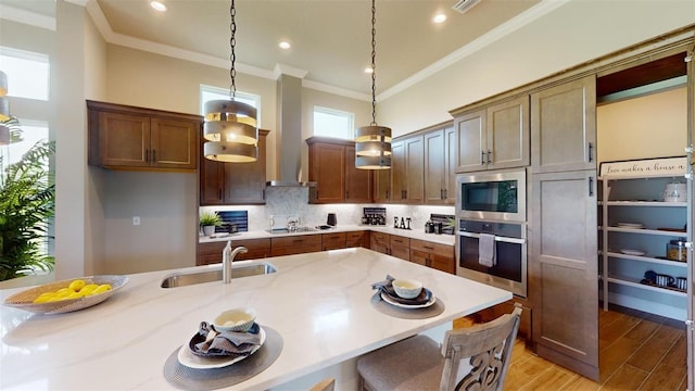 426 Bourganville Dr, Palm Coast, FL 32137 - kitchen with appliances with stainless steel finishes, a sink, light wood-style floors, ornamental molding, and decorative backsplash