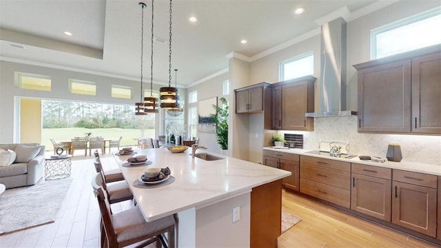 426 Bourganville Dr, Palm Coast, FL 32137 - kitchen with wall chimney exhaust hood, ornamental molding, a sink, tasteful backsplash, and light wood-type flooring