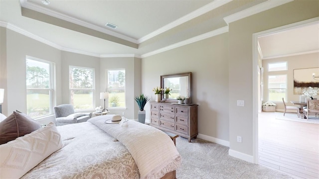 426 Bourganville Dr, Palm Coast, FL 32137 - bedroom featuring a tray ceiling, baseboards, ornamental molding, and light colored carpet
