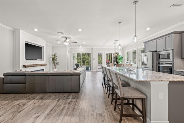 4166 Epic Cv, Land O Lakes, FL 34638 - kitchen featuring stainless steel appliances, gray cabinets, open floor plan, crown molding, and light wood-style floors